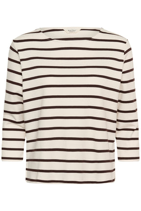 T-Shirt crème à manches longues avec rayures brun foncé et encolure bateau pour femme par Part Two, vue avant