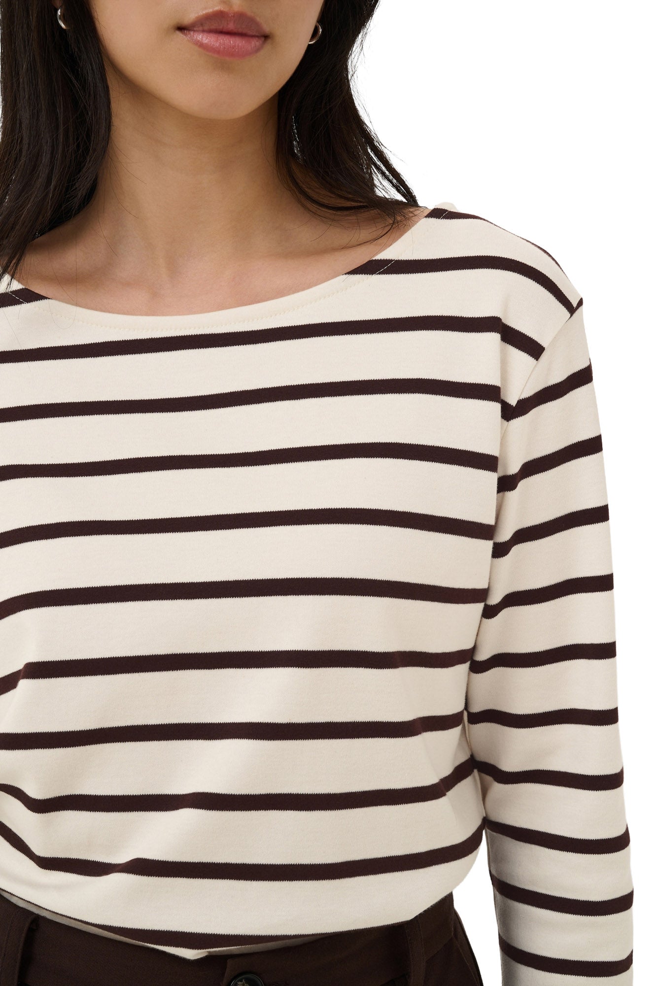 Part Two women's cream and dark brown striped long sleeve T-Shirt with wide boat neckline, close-up