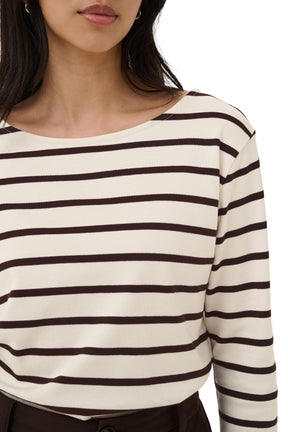 Part Two women's cream and dark brown striped long sleeve T-Shirt with wide boat neckline, close-up