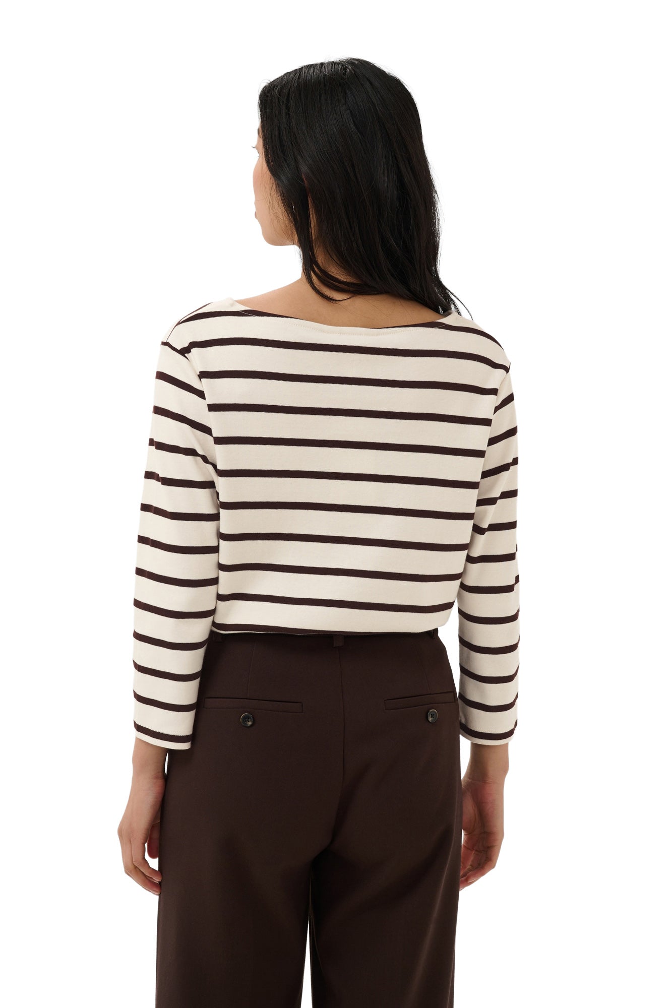 T-Shirt crème à manches longues, rayé brun foncé pour femme par Part Two, vue arrière portée
