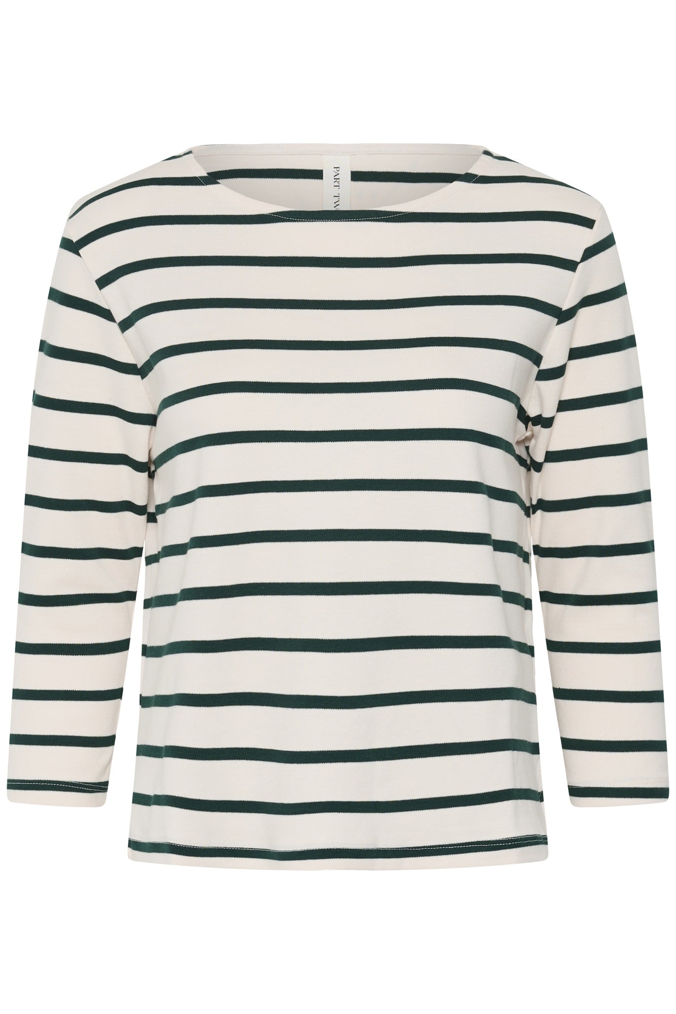 Vue produit de face du T-Shirt crème à manches longues, rayures vert foncé et col bateau pour femme par Part Two