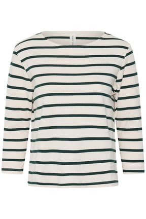 Vue produit de face du T-Shirt crème à manches longues, rayures vert foncé et col bateau pour femme par Part Two