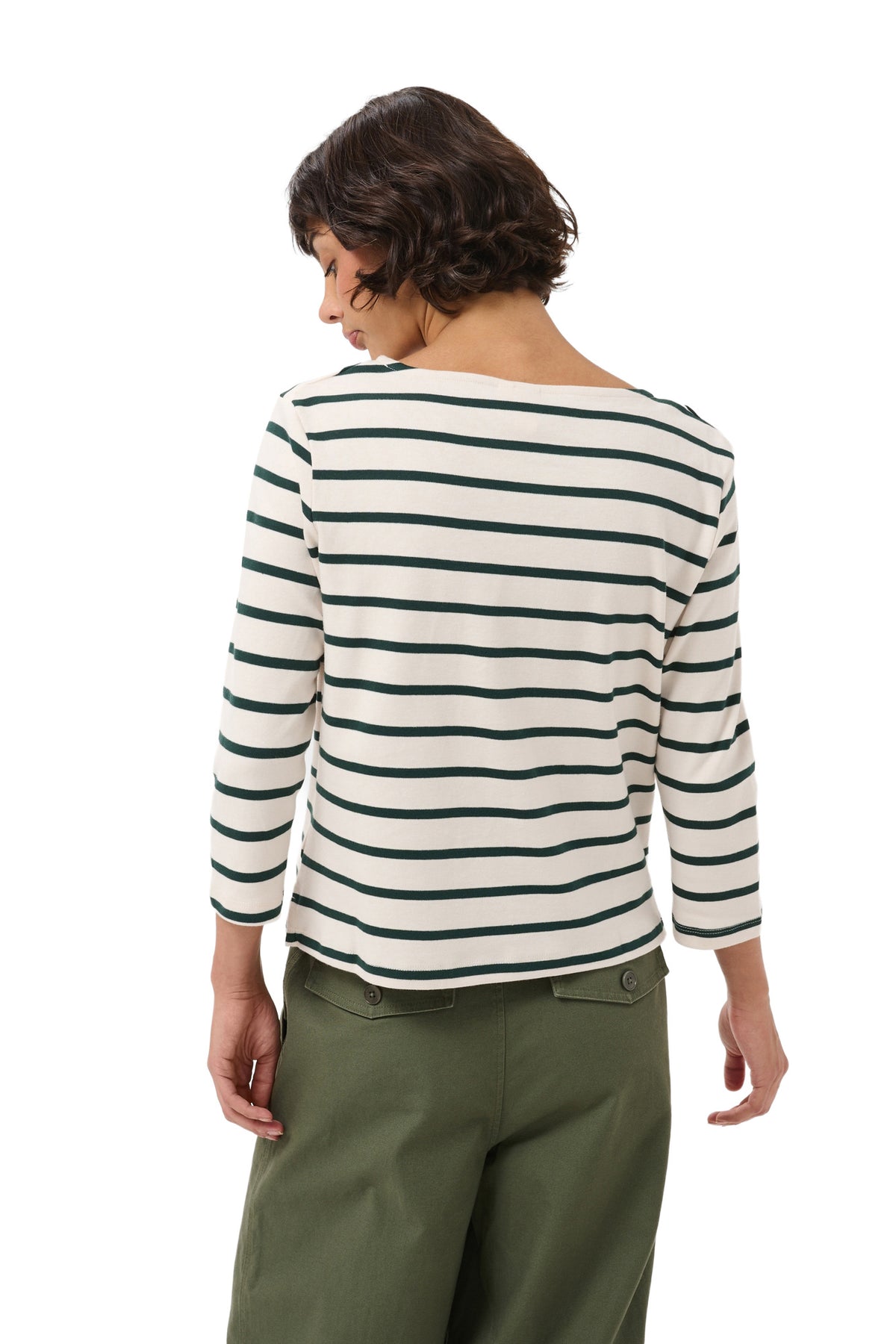 Part Two women's cream and dark green striped long sleeve T-Shirt with straight hem shown from the back