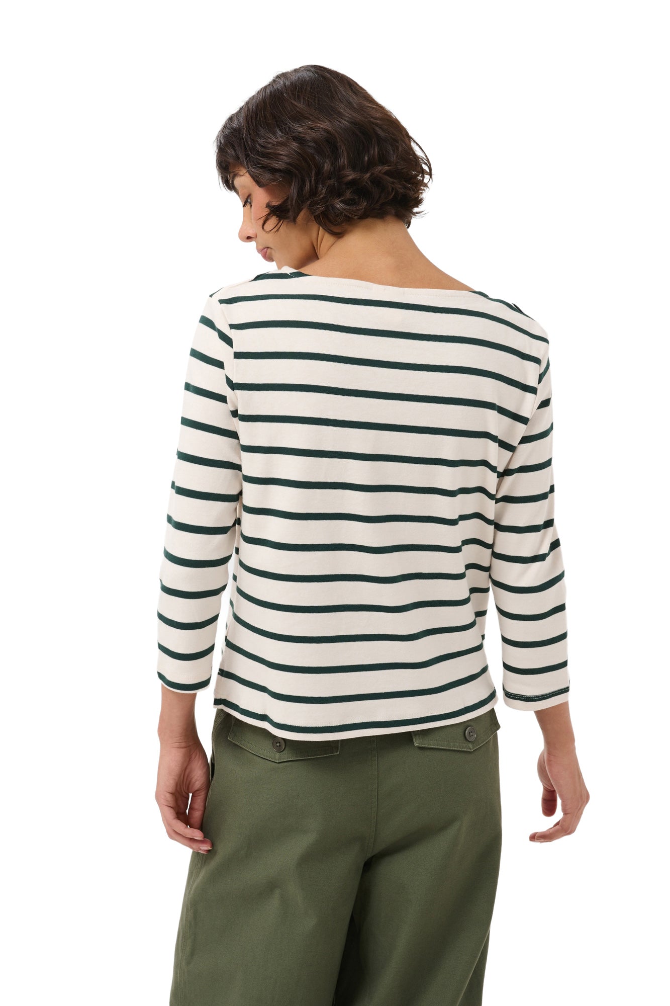 Vue de dos sur mannequin du T-Shirt crème rayé vert foncé à manches longues et ourlet droit pour femme par Part Two