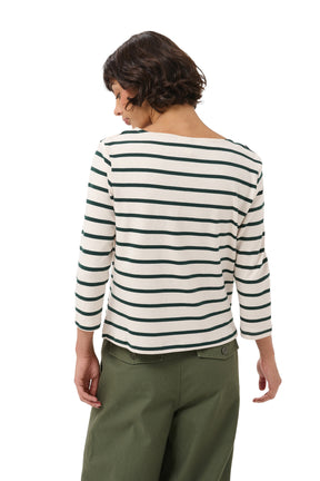 Vue de dos sur mannequin du T-Shirt crème rayé vert foncé à manches longues et ourlet droit pour femme par Part Two