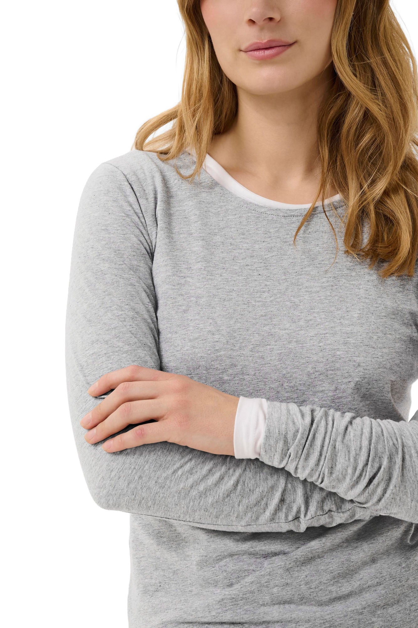 Part Two women's heather gray Long-sleeve T-Shirt showing the round neckline and, close-up