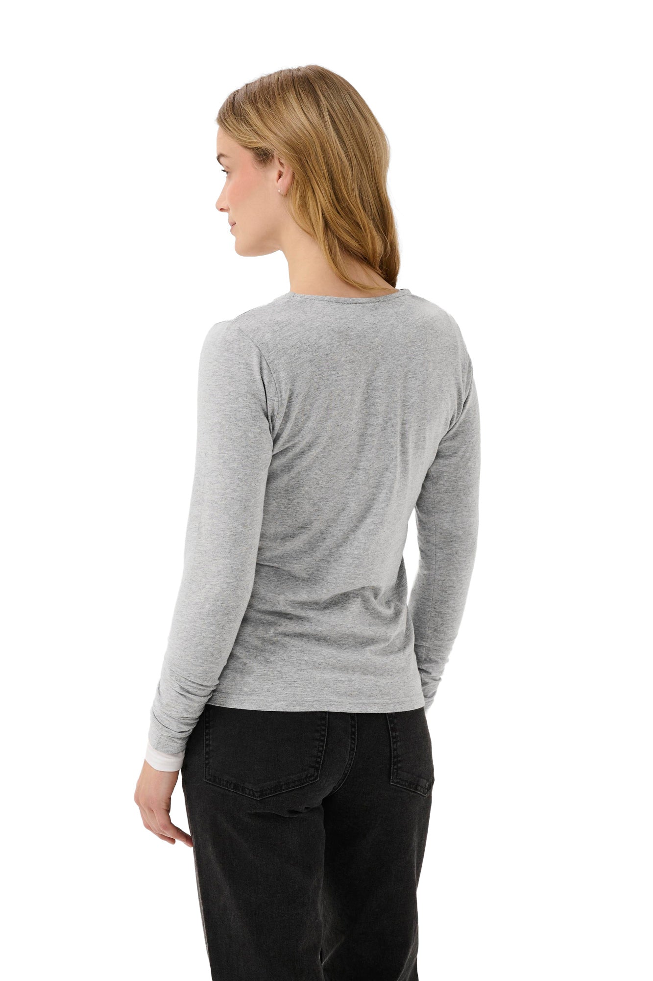 Vue arrière du T-Shirt gris chiné à manches longues avec encolure dos simple pour femme par Part Two