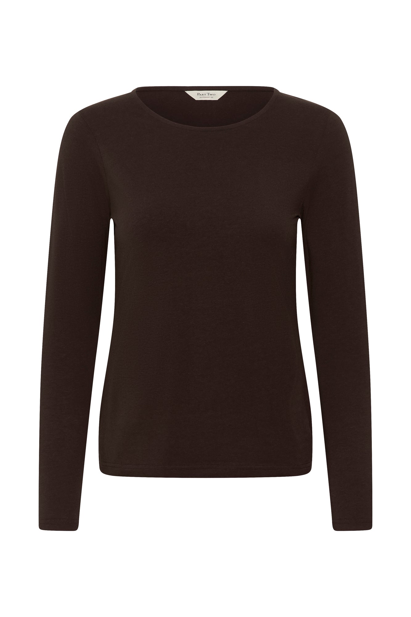 Vue produit de face du T-Shirt brun foncé à manches longues, col rond et ourlet droit pour femme par Part Two