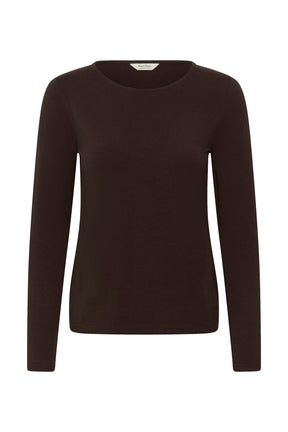 Vue produit de face du T-Shirt brun foncé à manches longues, col rond et ourlet droit pour femme par Part Two