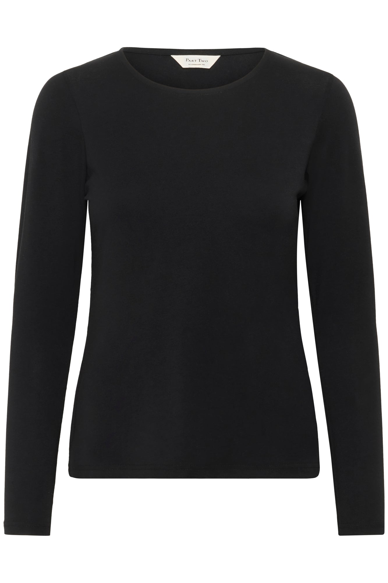 T-Shirt noir uni à manches longues avec encolure ronde et étiquette au col pour femme par Part Two, vue avant isolée