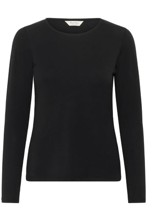 T-Shirt noir uni à manches longues avec encolure ronde et étiquette au col pour femme par Part Two, vue avant isolée