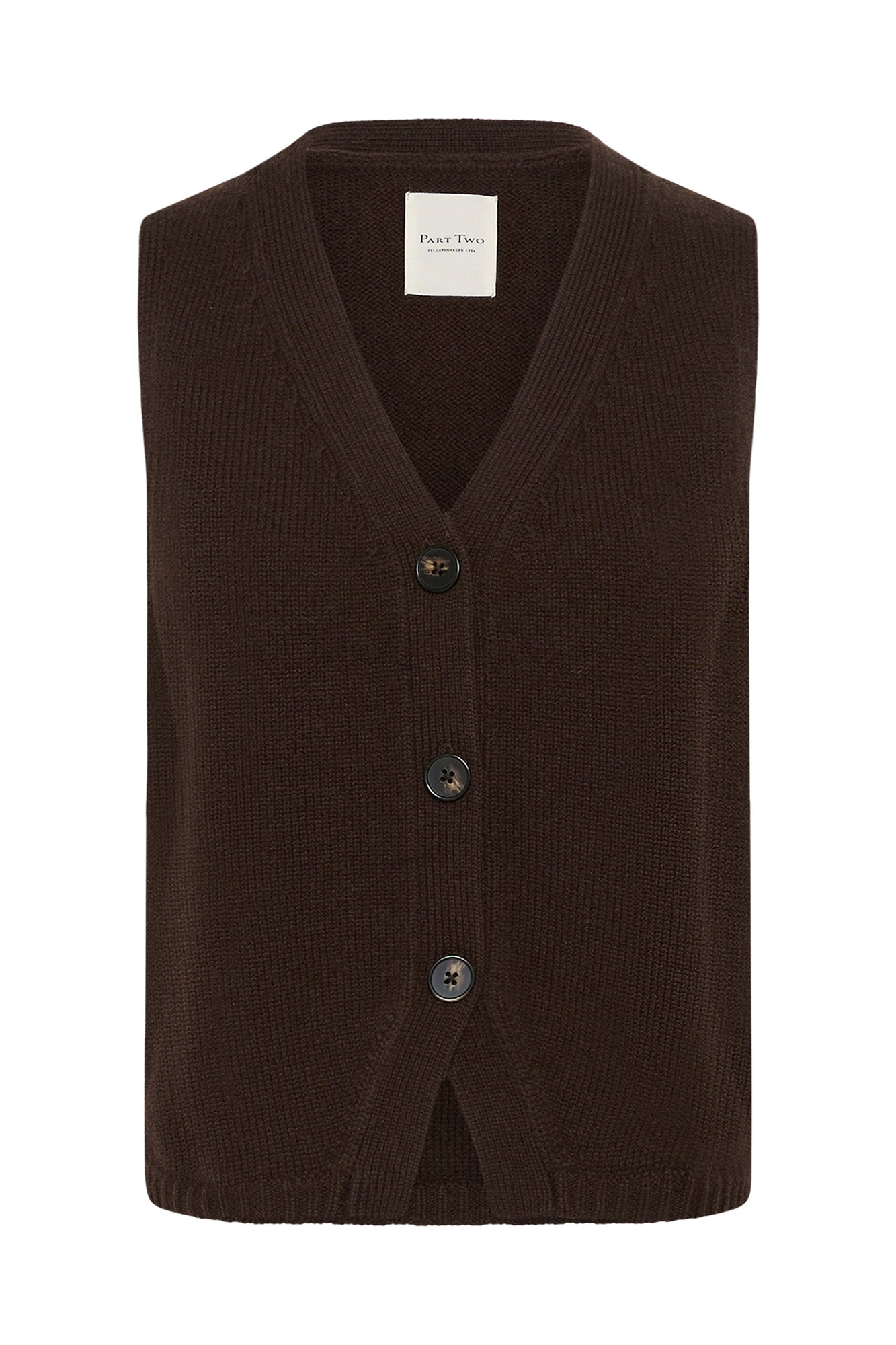 Veste en tricot brun foncé sans manches avec col en V et boutons pour femme par Part Two, vue isolée de face