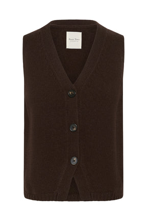 Veste en tricot brun foncé sans manches avec col en V et boutons pour femme par Part Two, vue isolée de face