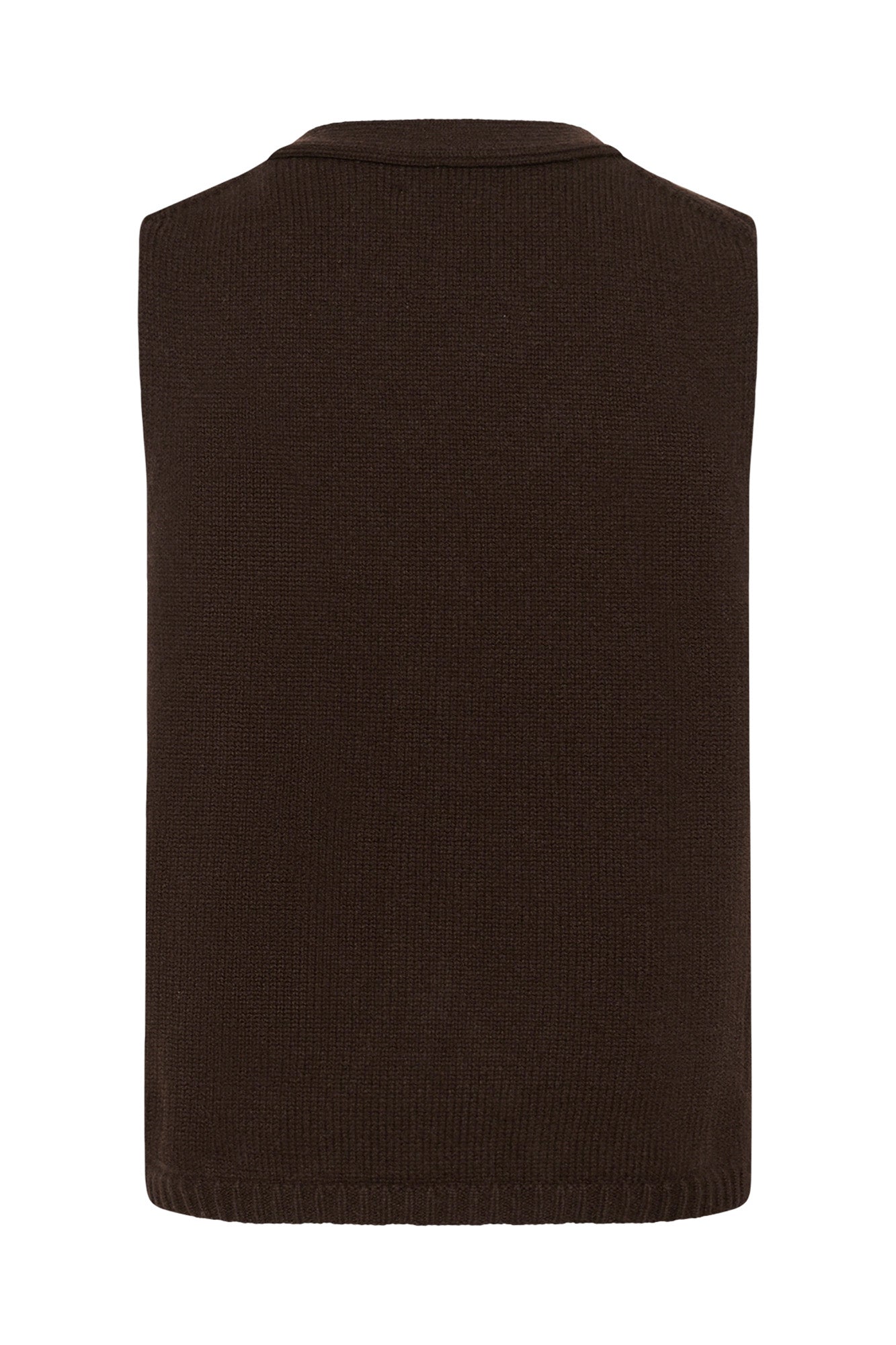Vue isolée de dos de la veste en tricot brun foncé avec dos uni et ourlet côtelé pour femme par Part Two