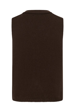 Vue isolée de dos de la veste en tricot brun foncé avec dos uni et ourlet côtelé pour femme par Part Two