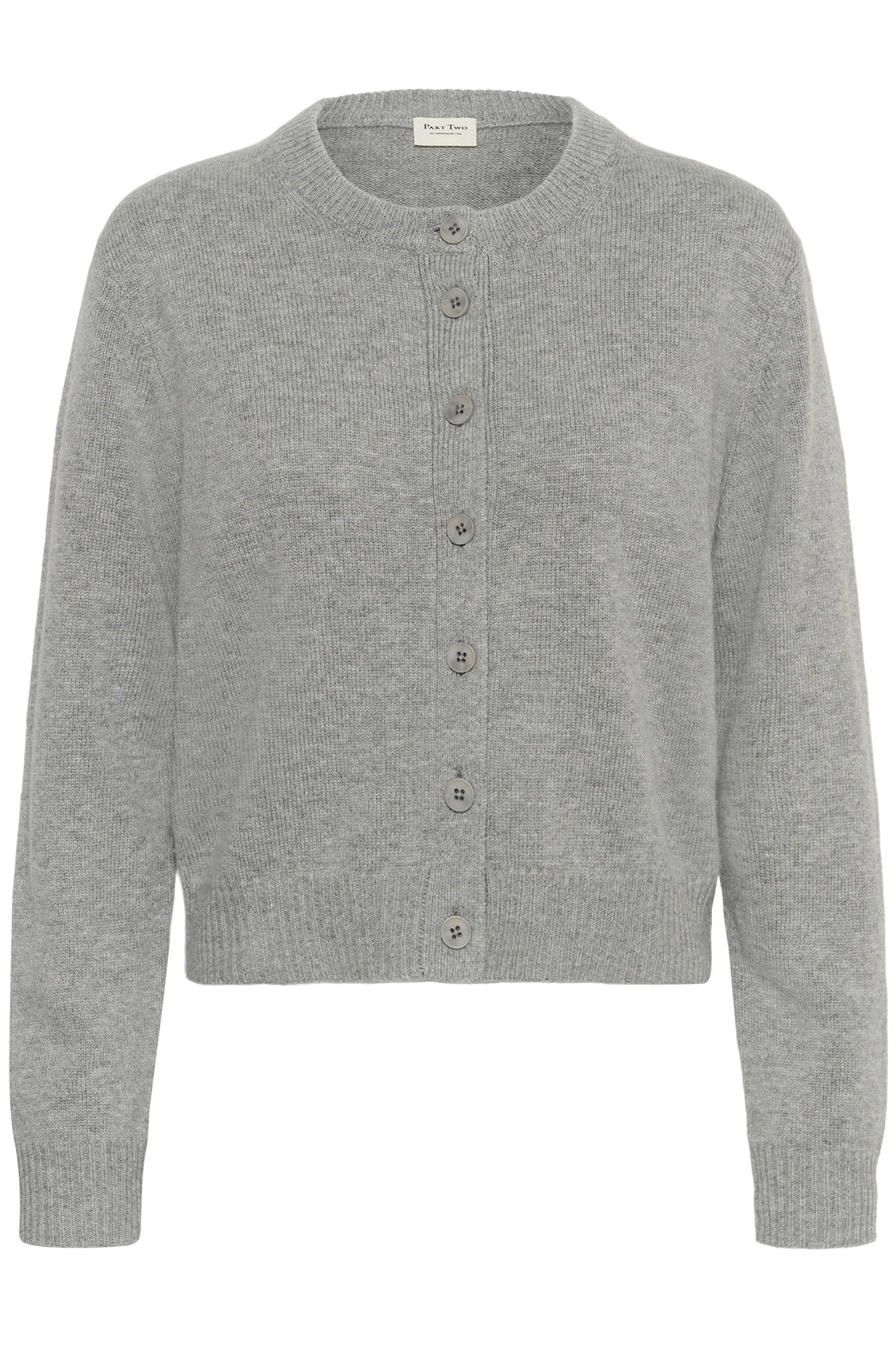 Part Two light grey cardigan for women, front detail view on model showing crew neck and buttons