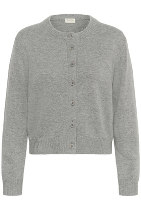 Part Two light grey cardigan for women, front detail view on model showing crew neck and buttons