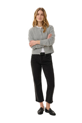 Part Two light grey cardigan for women, front model view showing crew neck and ribbed cuffs