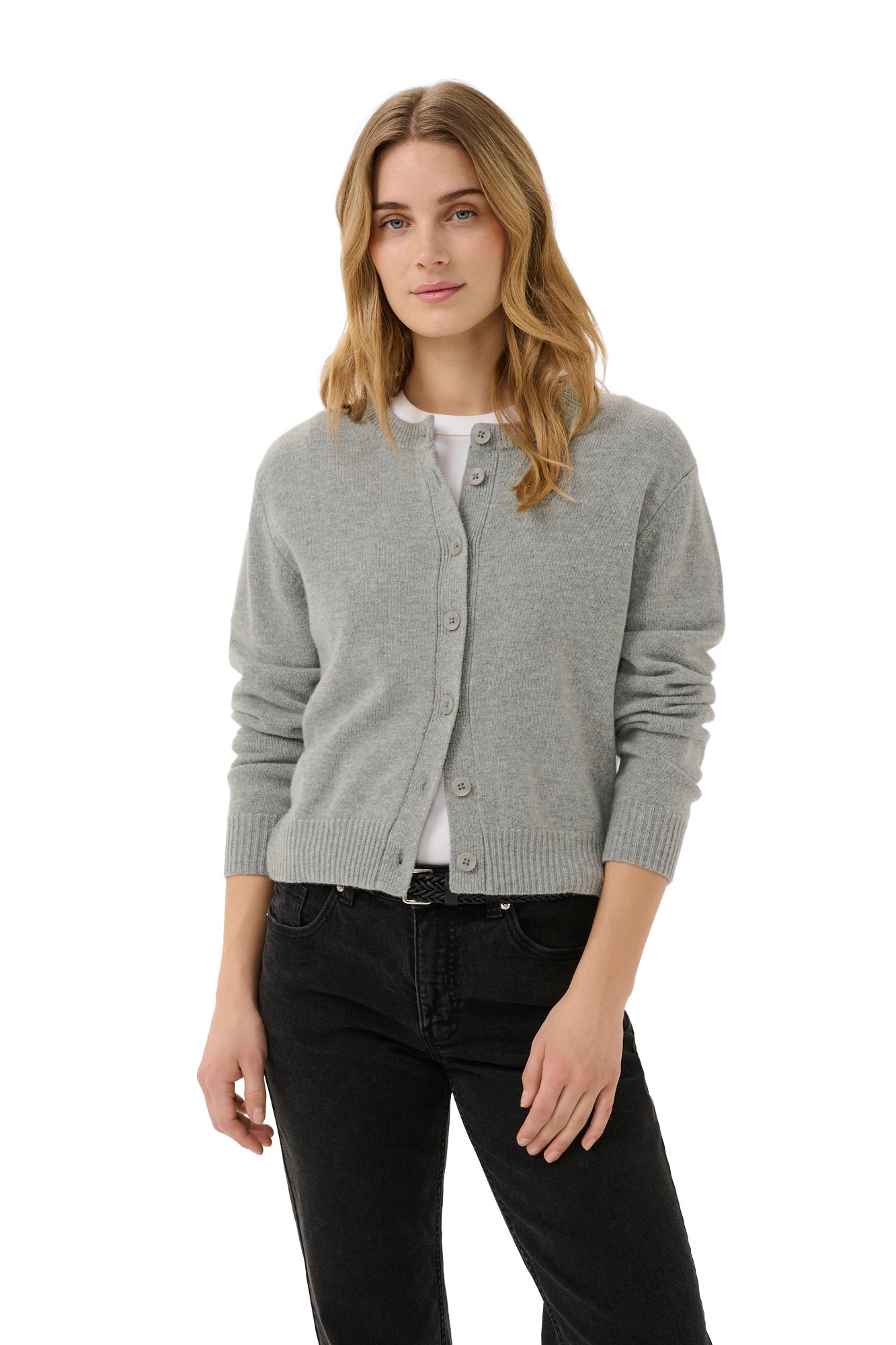 Part Two light grey cardigan for women, full-length front model view with button closure