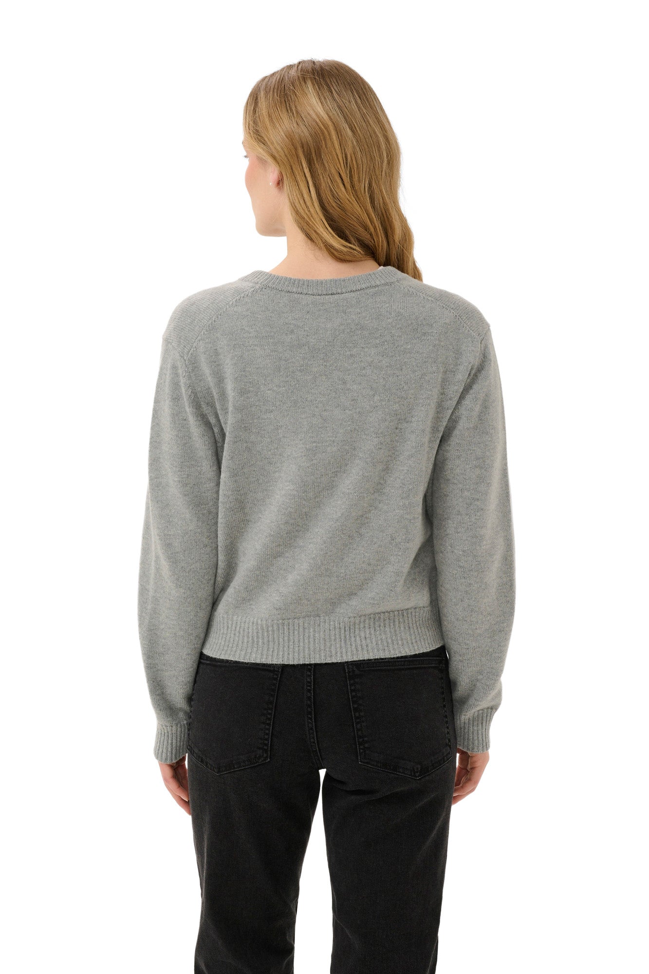 Part Two light grey cardigan for women, back model view showing fine knit and ribbed hem