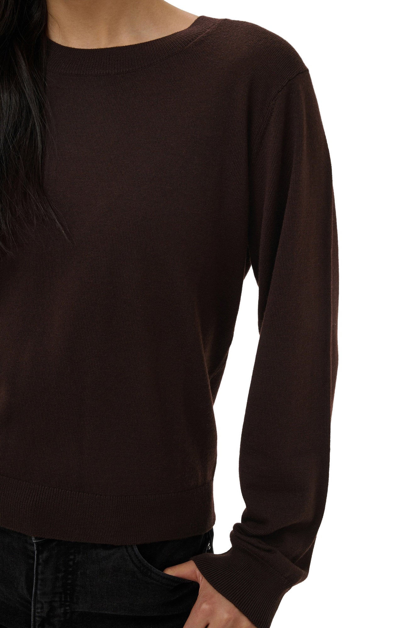 Part Two women's close front detail of a dark brown crewneck knit long-sleeve knit sweater with ribbed hem and cuff