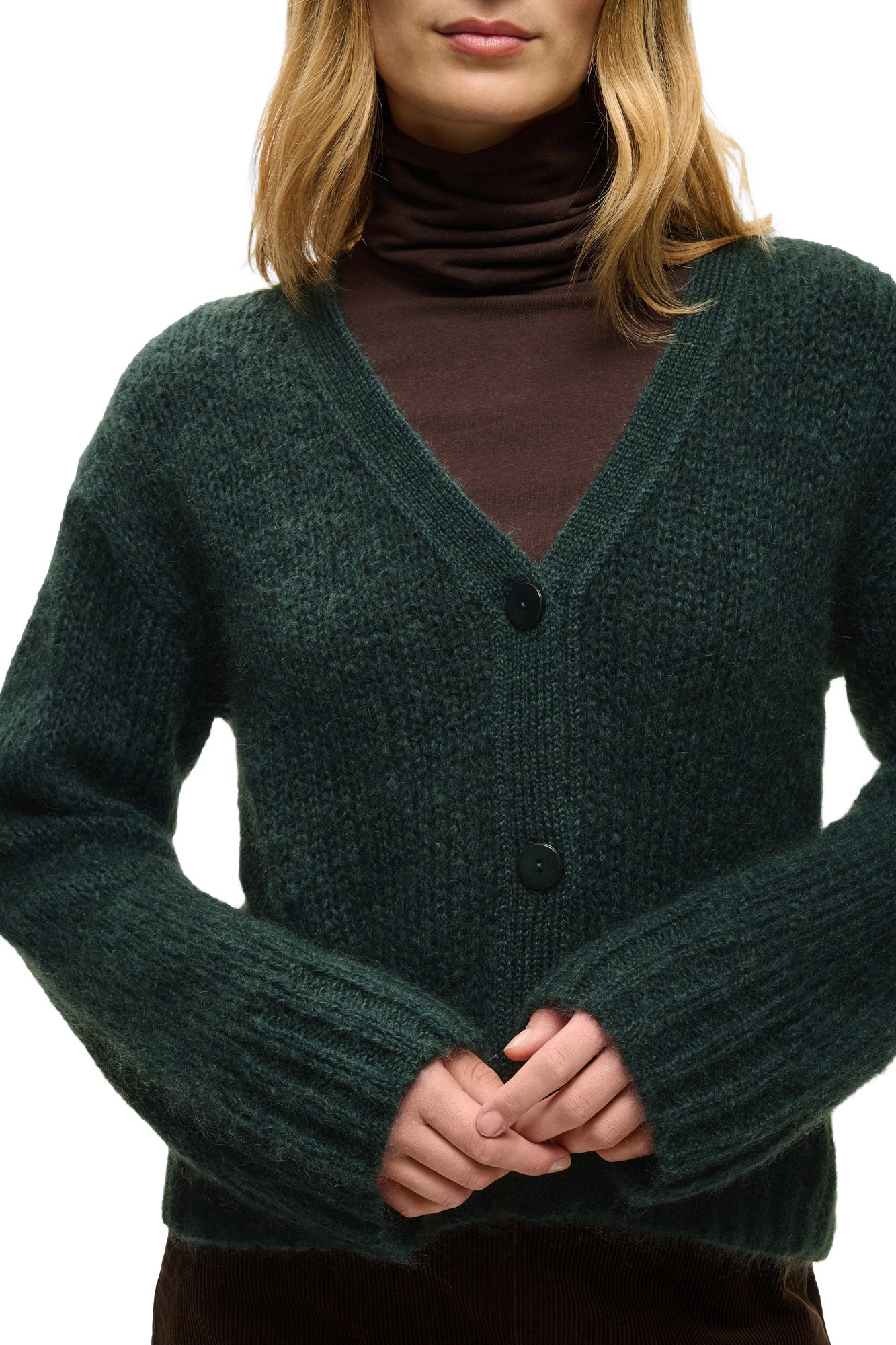 Part Two women's dark green fuzzy knit cardigan with V-neck, black buttons, and ribbed placket, close-up
