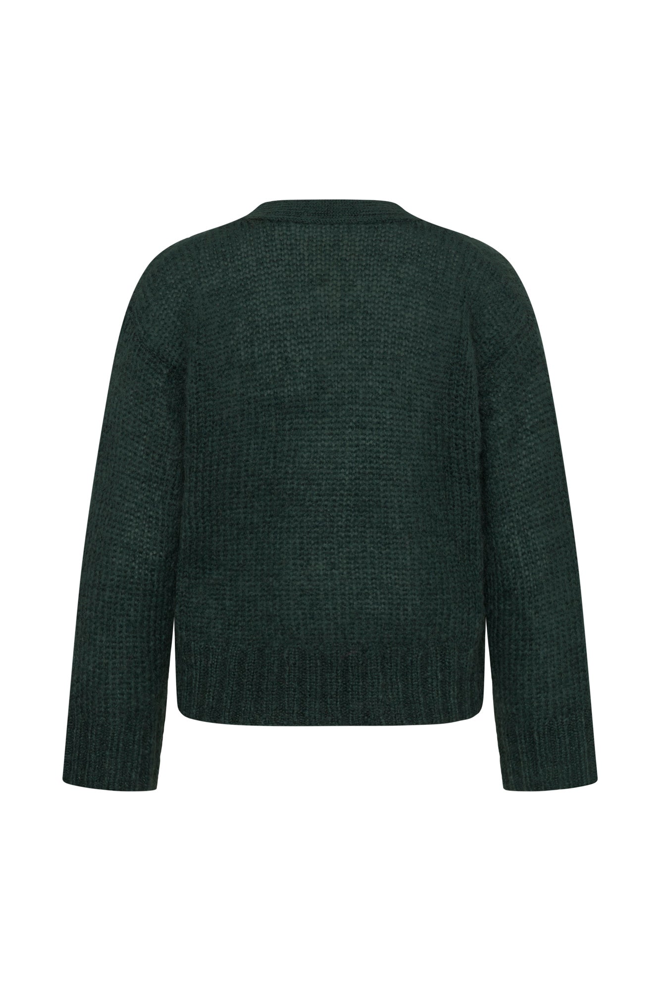 Vue de dos du cardigan en tricot vert foncé avec ourlet droit côtelé et manches longues pour femme par Part Two