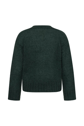 Vue de dos du cardigan en tricot vert foncé avec ourlet droit côtelé et manches longues pour femme par Part Two