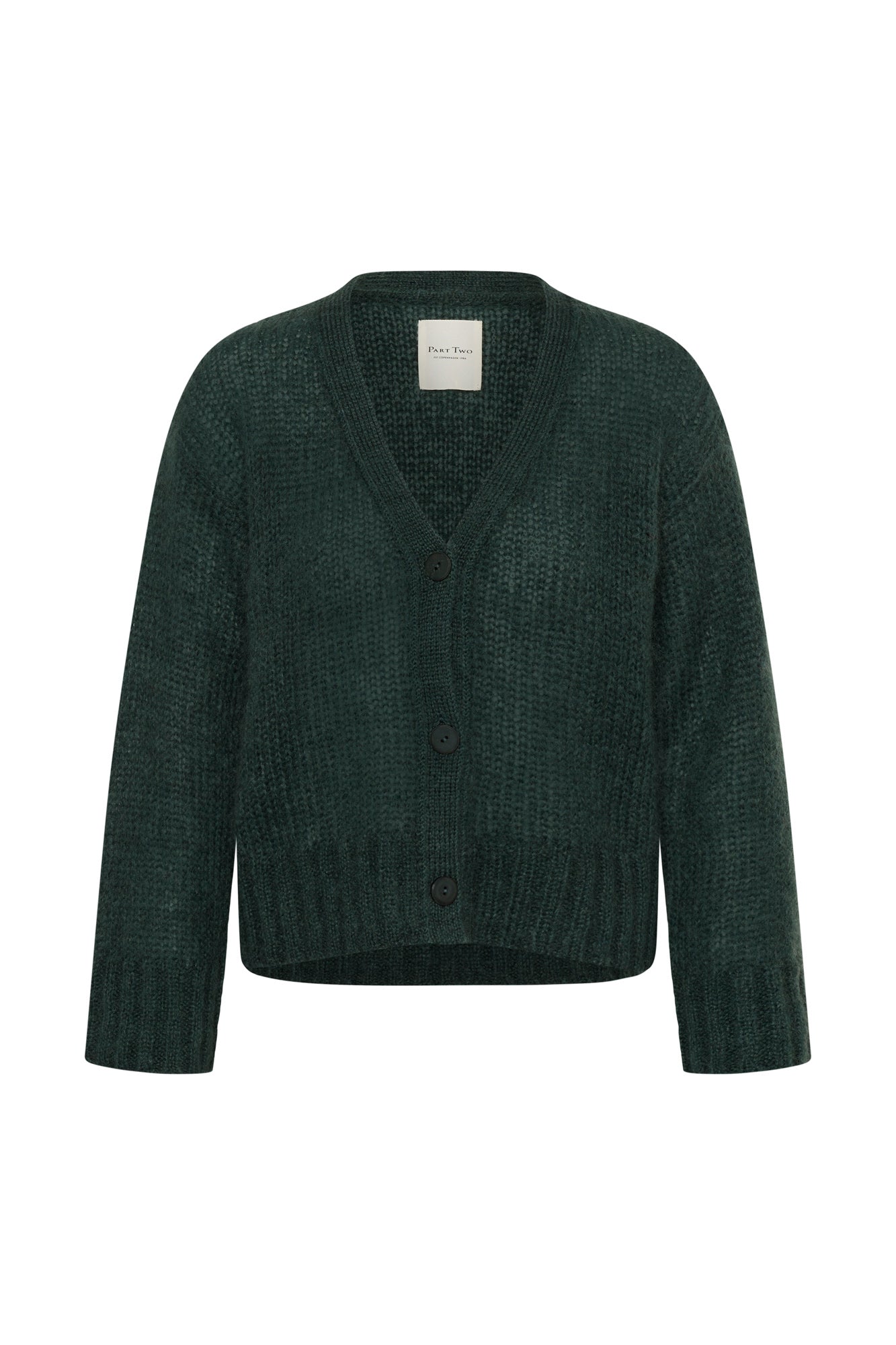 Cardigan en tricot vert foncé à col en V et trois boutons noirs pour femme par Part Two, vue de face