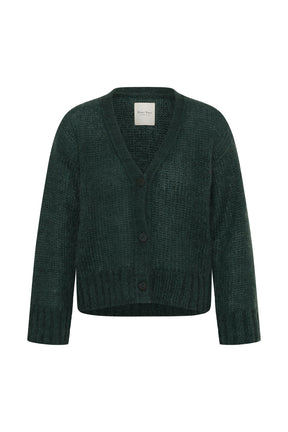 Cardigan en tricot vert foncé à col en V et trois boutons noirs pour femme par Part Two, vue de face