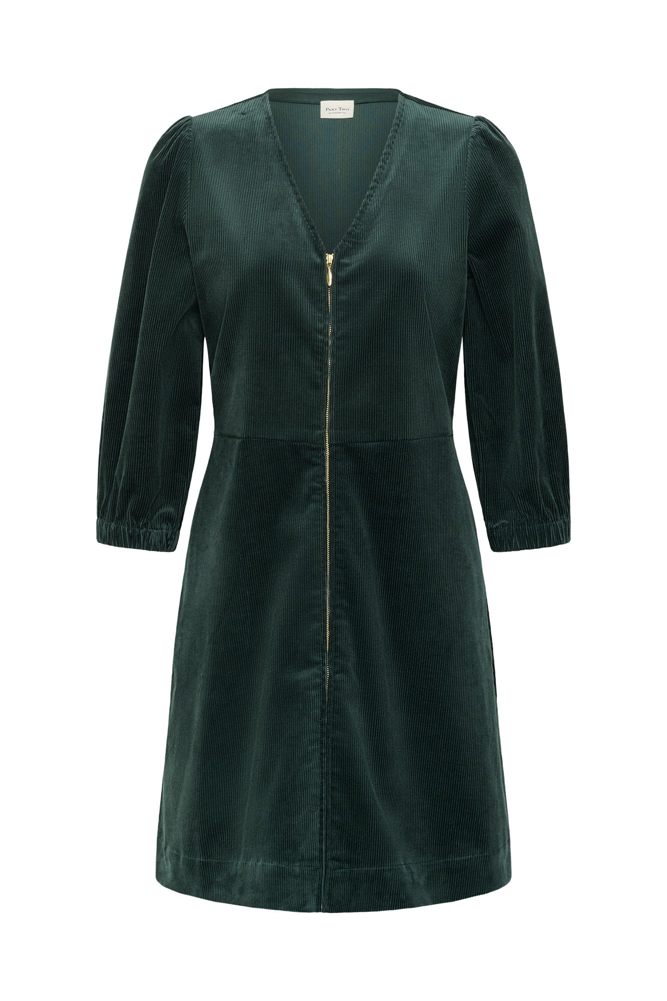 Robe verte foncé en velours côtelé, vue avant avec col en V, manches bouffantes et fermeture éclair pour femme par Part Two