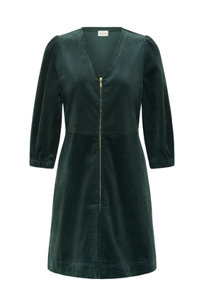 Robe verte foncé en velours côtelé, vue avant avec col en V, manches bouffantes et fermeture éclair pour femme par Part Two