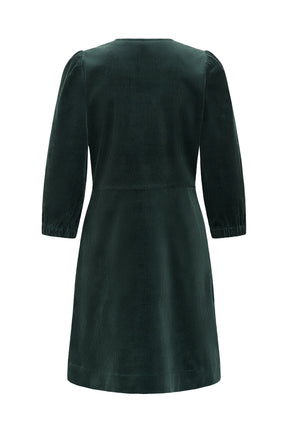 Robe verte foncé en velours côtelé, vue arrière avec manches bouffantes et couture à la taille pour femme par Part Two