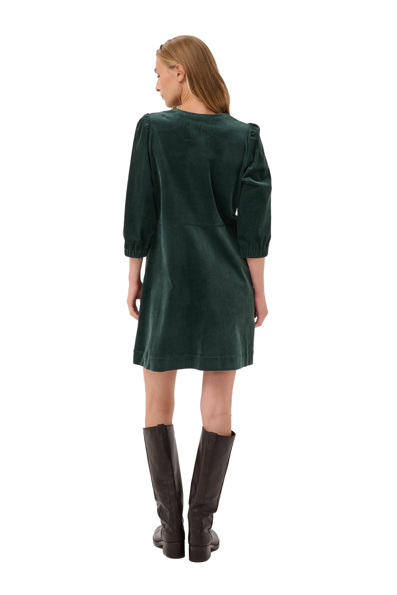 Robe verte foncé en velours côtelé sur mannequin, vue arrière avec manches trois quarts froncées pour femme par Part Two