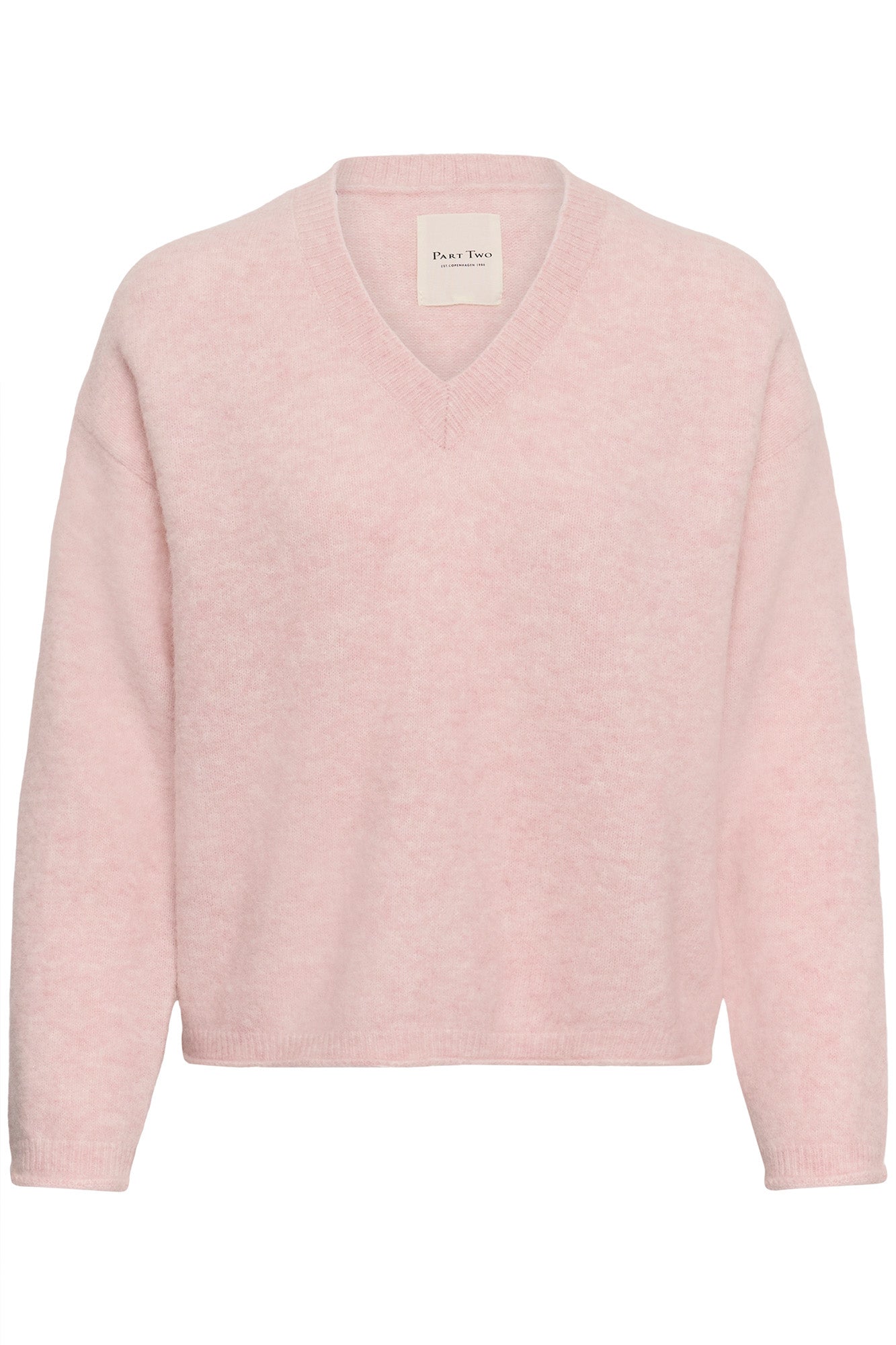 Chandail manches longues en tricot rose pâle duveteux avec col en V et poignets pour femme par Part Two, vue avant