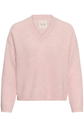 Chandail manches longues en tricot rose pâle duveteux avec col en V et poignets pour femme par Part Two, vue avant