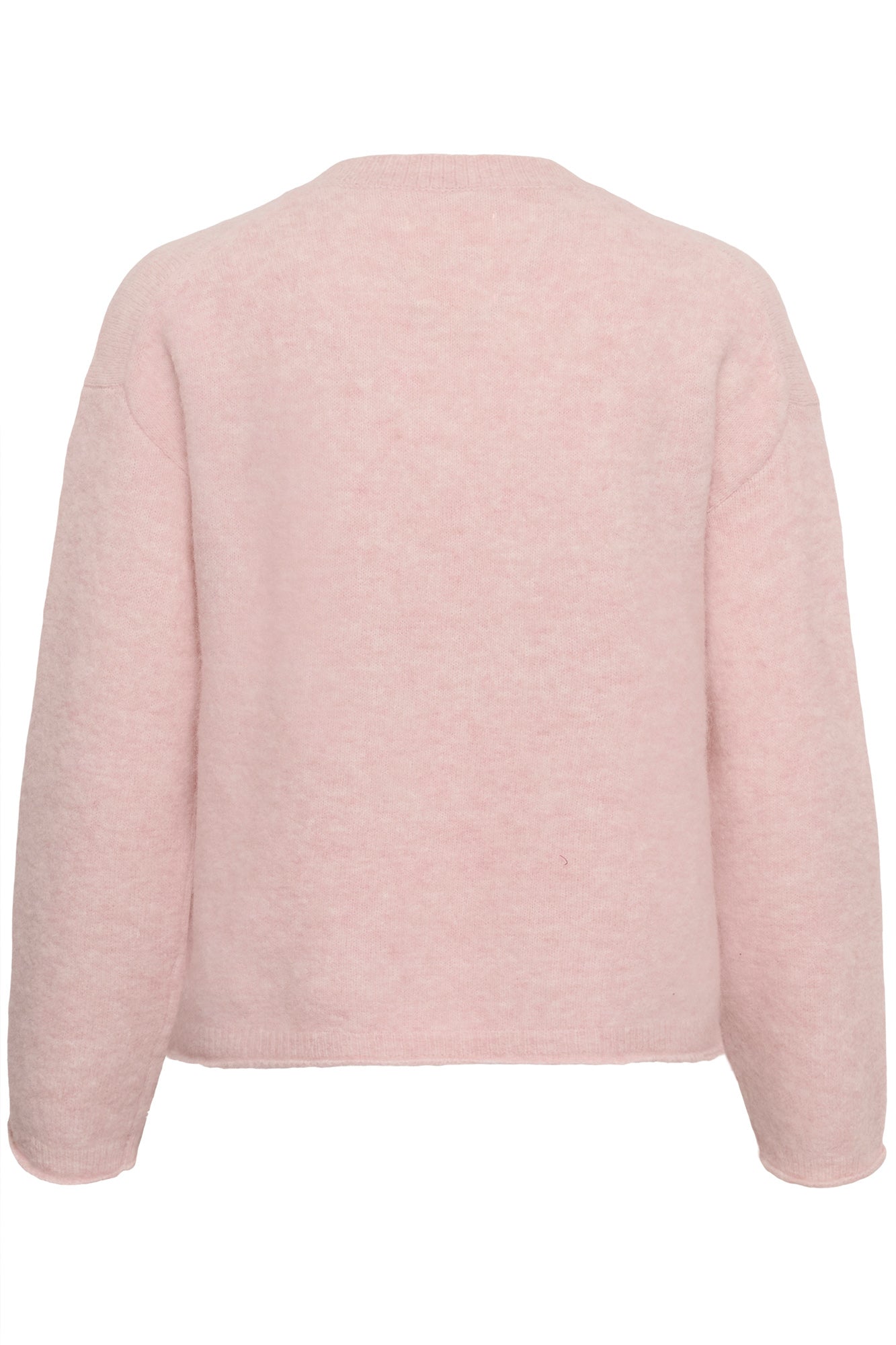 Vue arrière du chandail manches longues en tricot rose pâle duveteux avec épaules tombantes pour femme par Part Two
