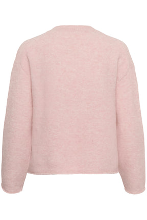 Vue arrière du chandail manches longues en tricot rose pâle duveteux avec épaules tombantes pour femme par Part Two
