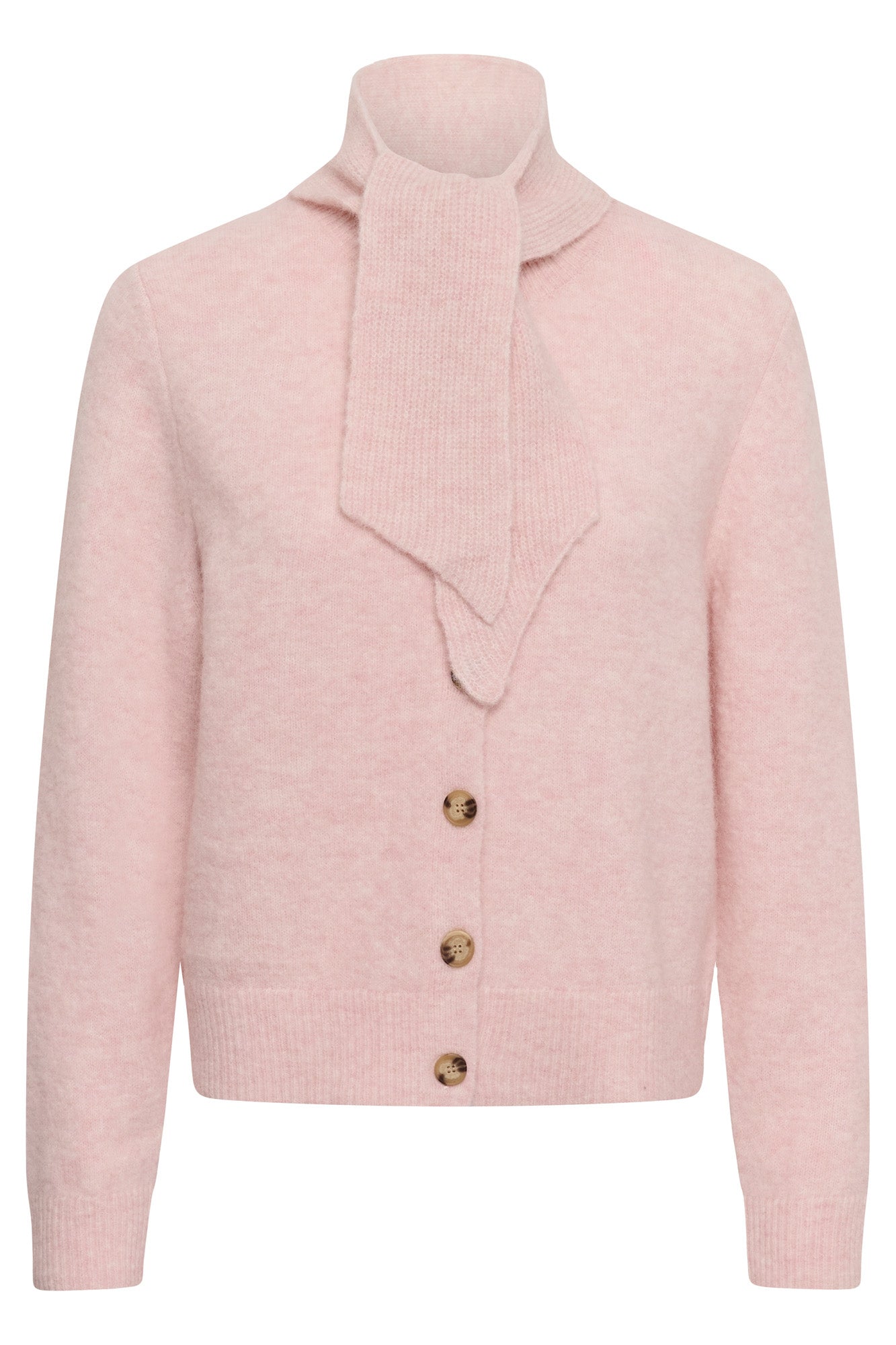Chandail manches longues en tricot rose pâle, vue de face avec boutons et lien style foulard au col pour femme par Part Two