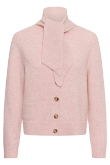 Chandail manches longues en tricot rose pâle, vue de face avec boutons et lien style foulard au col pour femme par Part Two