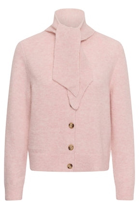 Chandail manches longues en tricot rose pâle, vue de face avec boutons et lien style foulard au col pour femme par Part Two