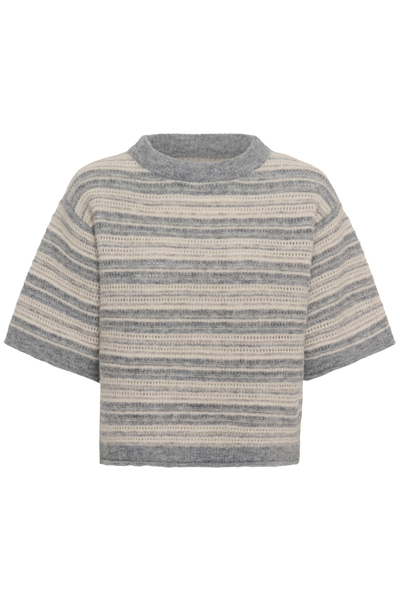 T-Shirt en tricot duveteux gris et crème avec col rond côtelé pour femme par Part Two, vue avant isolée