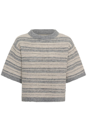 T-Shirt en tricot duveteux gris et crème avec col rond côtelé pour femme par Part Two, vue avant isolée