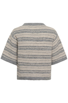 Part Two women's gray and cream striped fuzzy knit Short-sleeve T-Shirt shown from the back