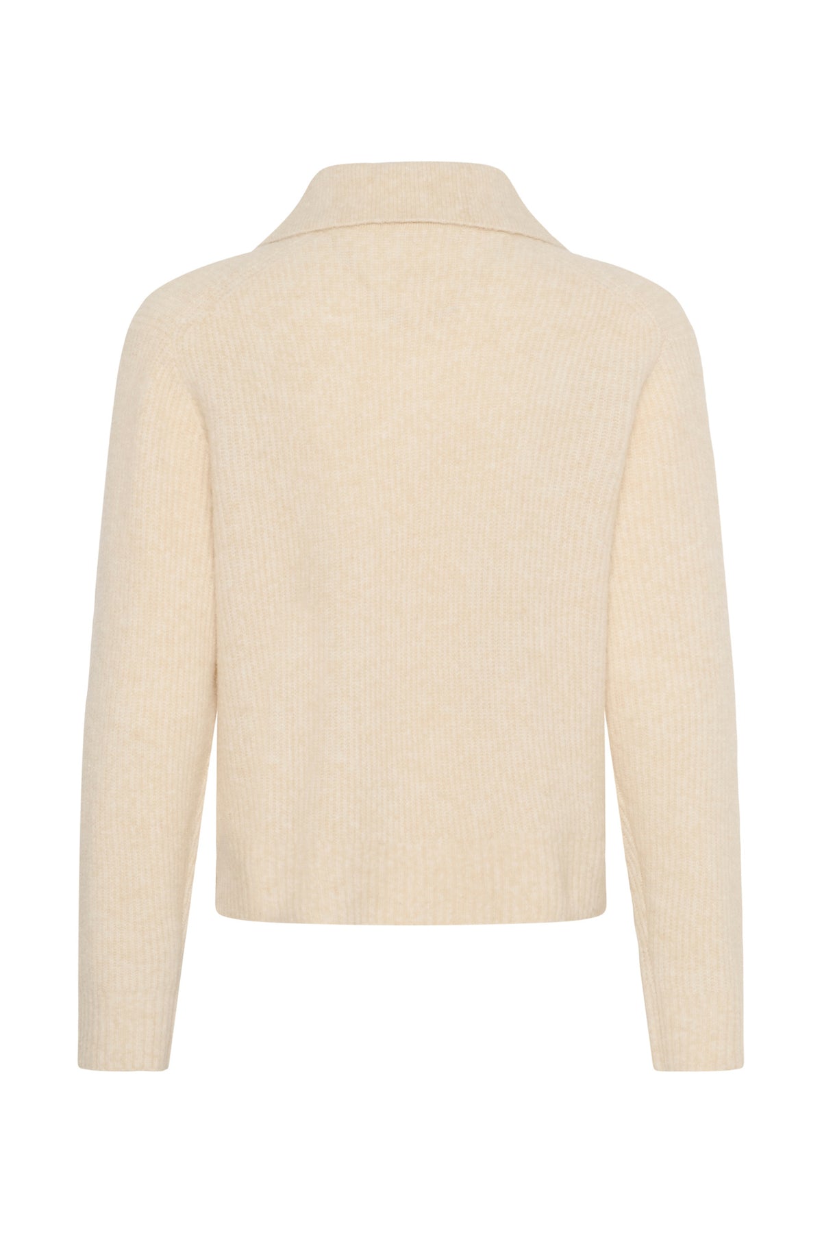 Part Two women's cream ribbed knit long-sleeve knit sweater with, spread collar, and straight hem, back view