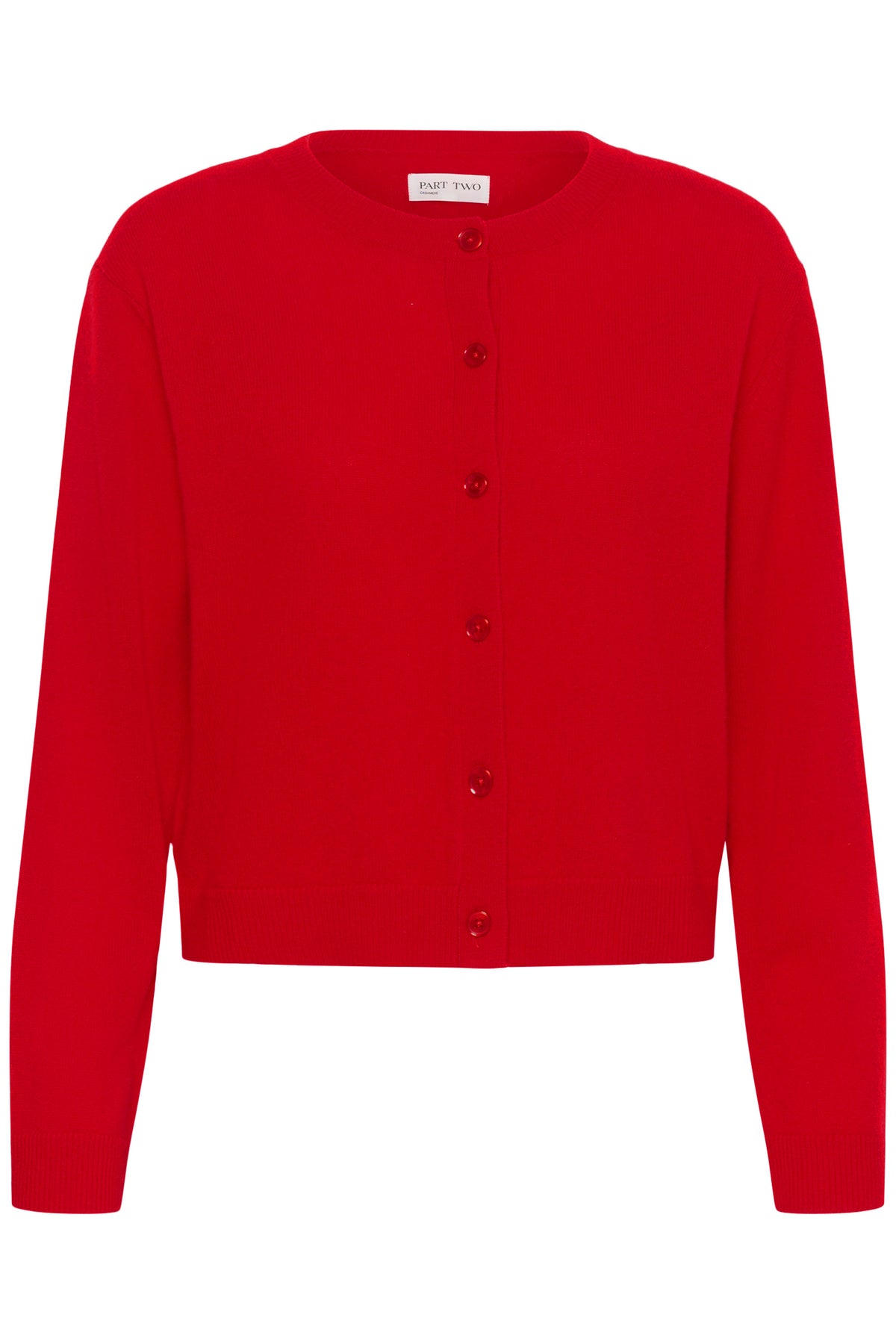 Part Two women's bright red knit cardigan with round neckline, tonal buttons and ribbed hem shown from the front