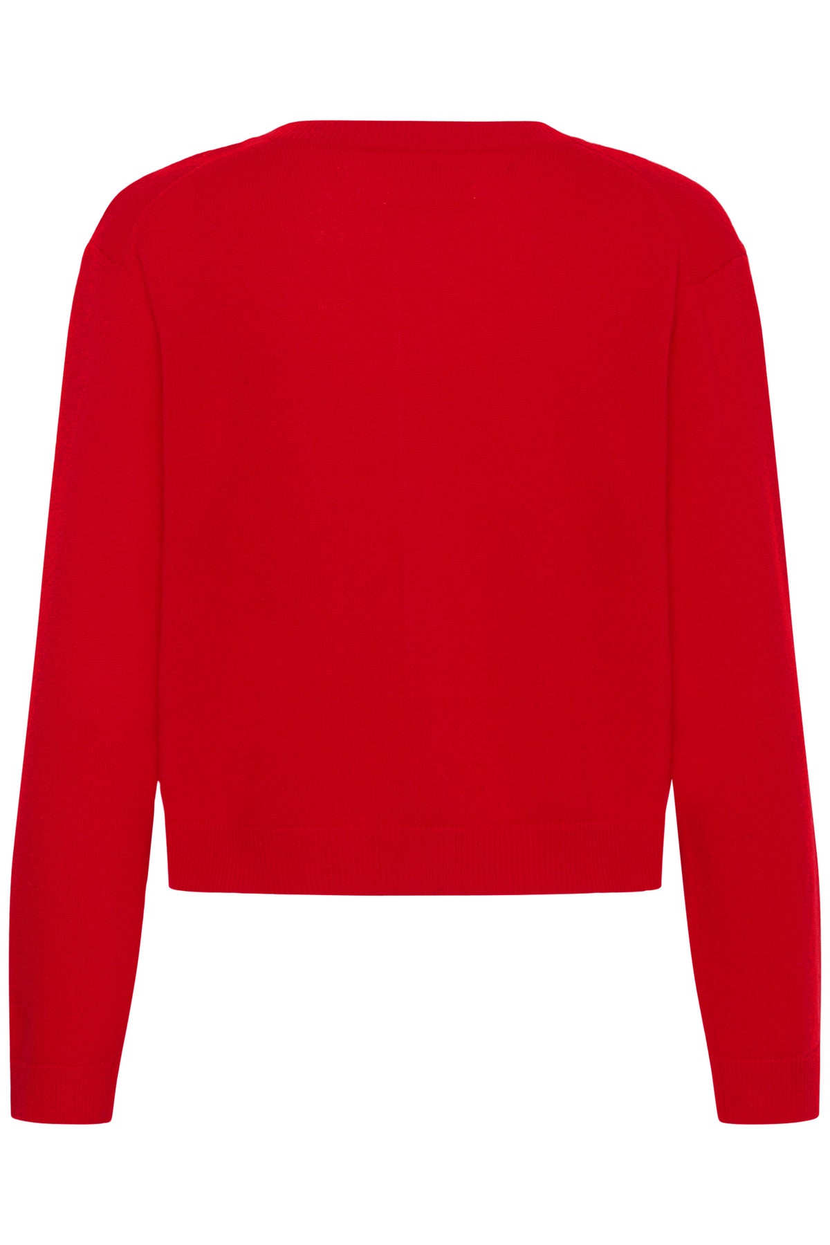 Part Two women's bright red knit cardigan with round neckline, long sleeves and ribbed hem, back view