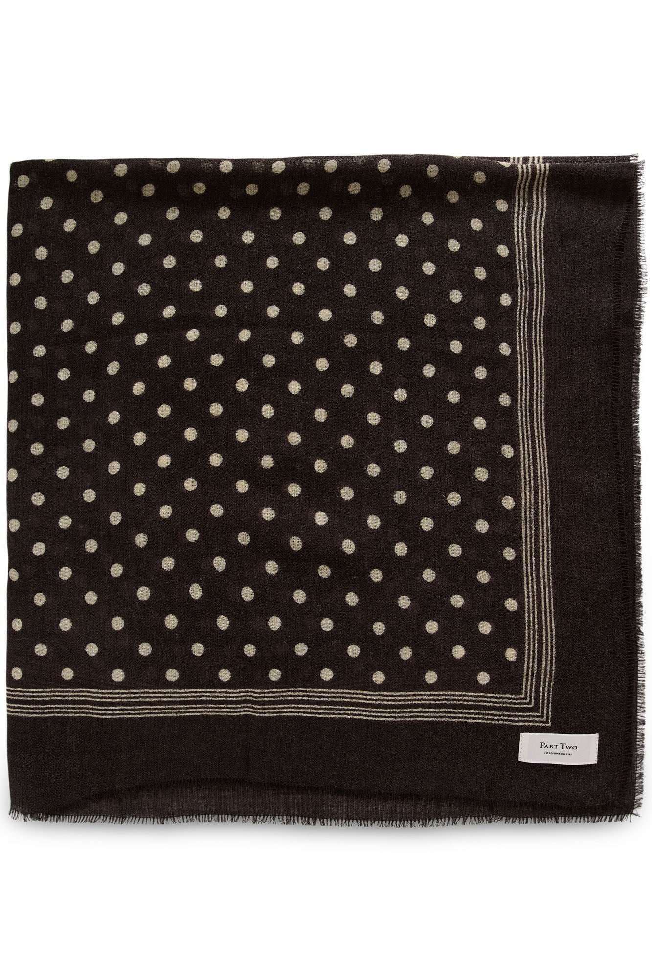 Part Two women's dark brown square scarf with cream polka dots, striped border, fringe, and small label, flat lay view