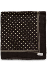 Part Two women's dark brown square scarf with cream polka dots, striped border, fringe, and small label, flat lay view