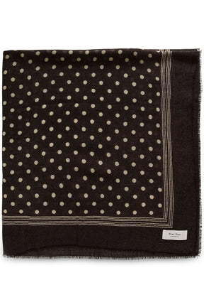 Part Two women's dark brown square scarf with cream polka dots, striped border, fringe, and small label, flat lay view